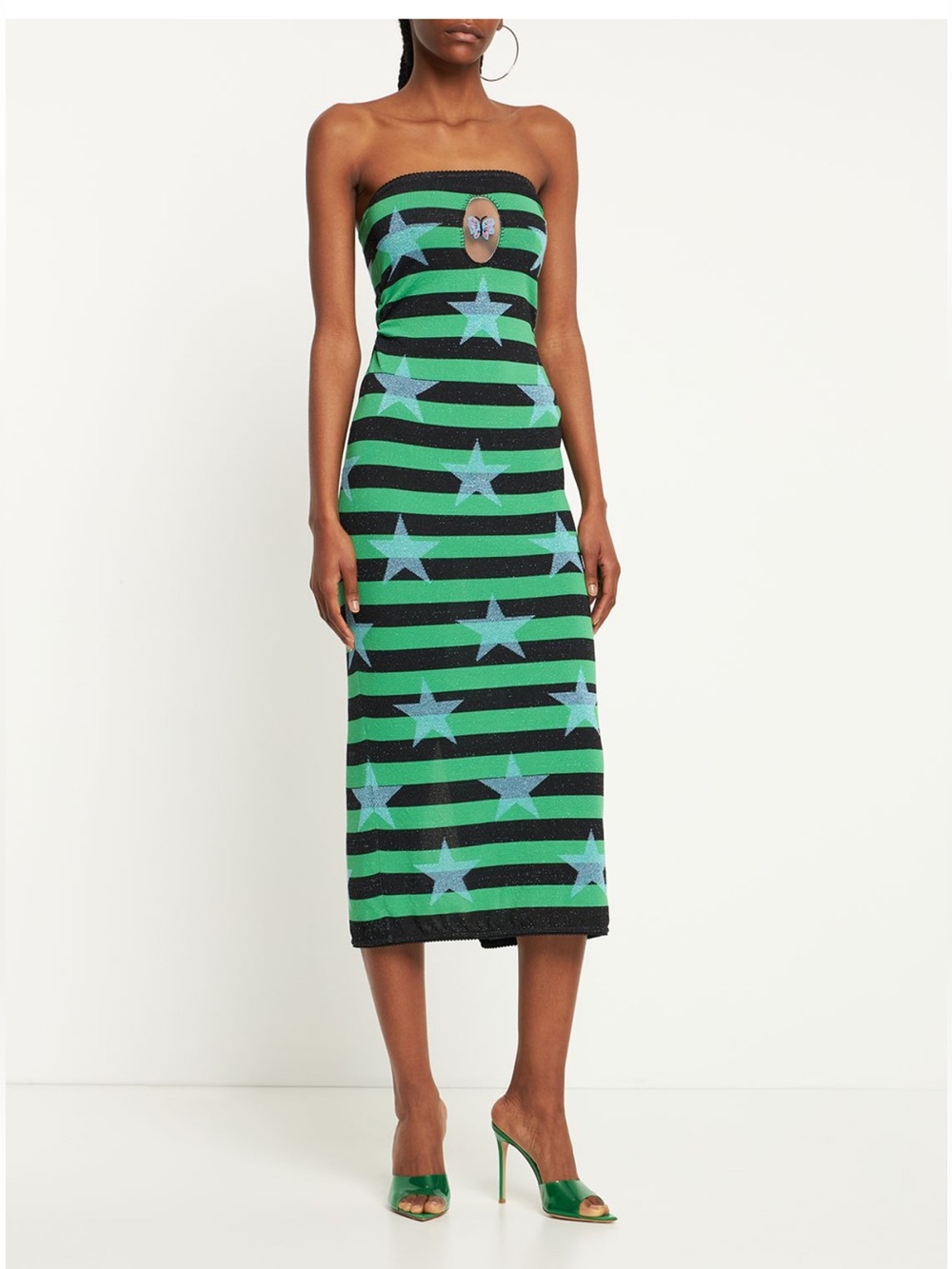 Cormio Strapless Green & Black Star-Stripe Midi Dress, IT size 40